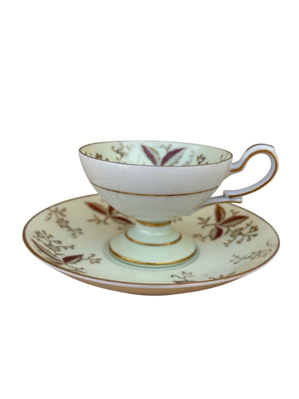 Occupied Japan Vintage Porcelain Ivory Maroon Gold Footed Tea Cup & Saucer Set‎